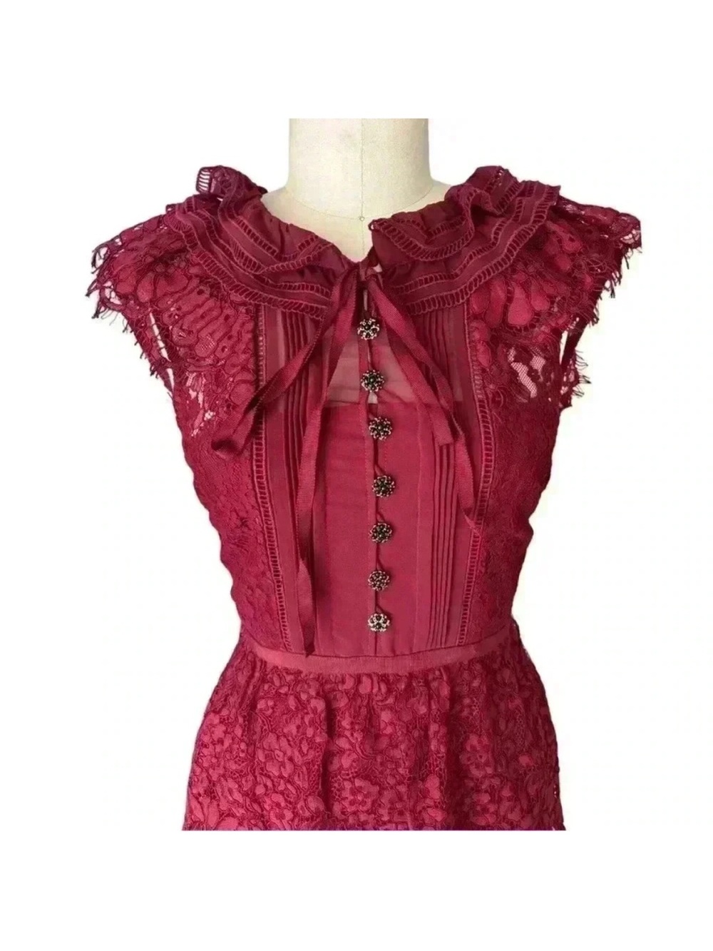 Self-Portrait Burgundy Lace Midi Dress with Ruffle Collar